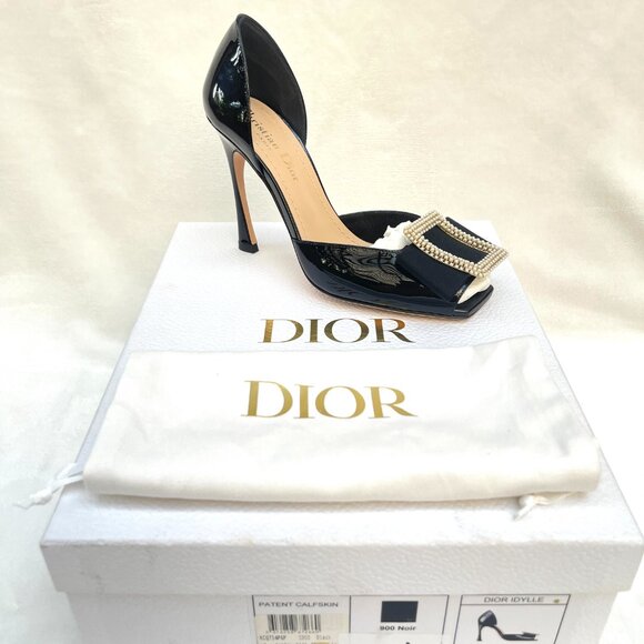 NIB Auc Dior Dior Idylle patent calfskin white resin pearls Bow Peep Toe heels - Picture 13 of 14